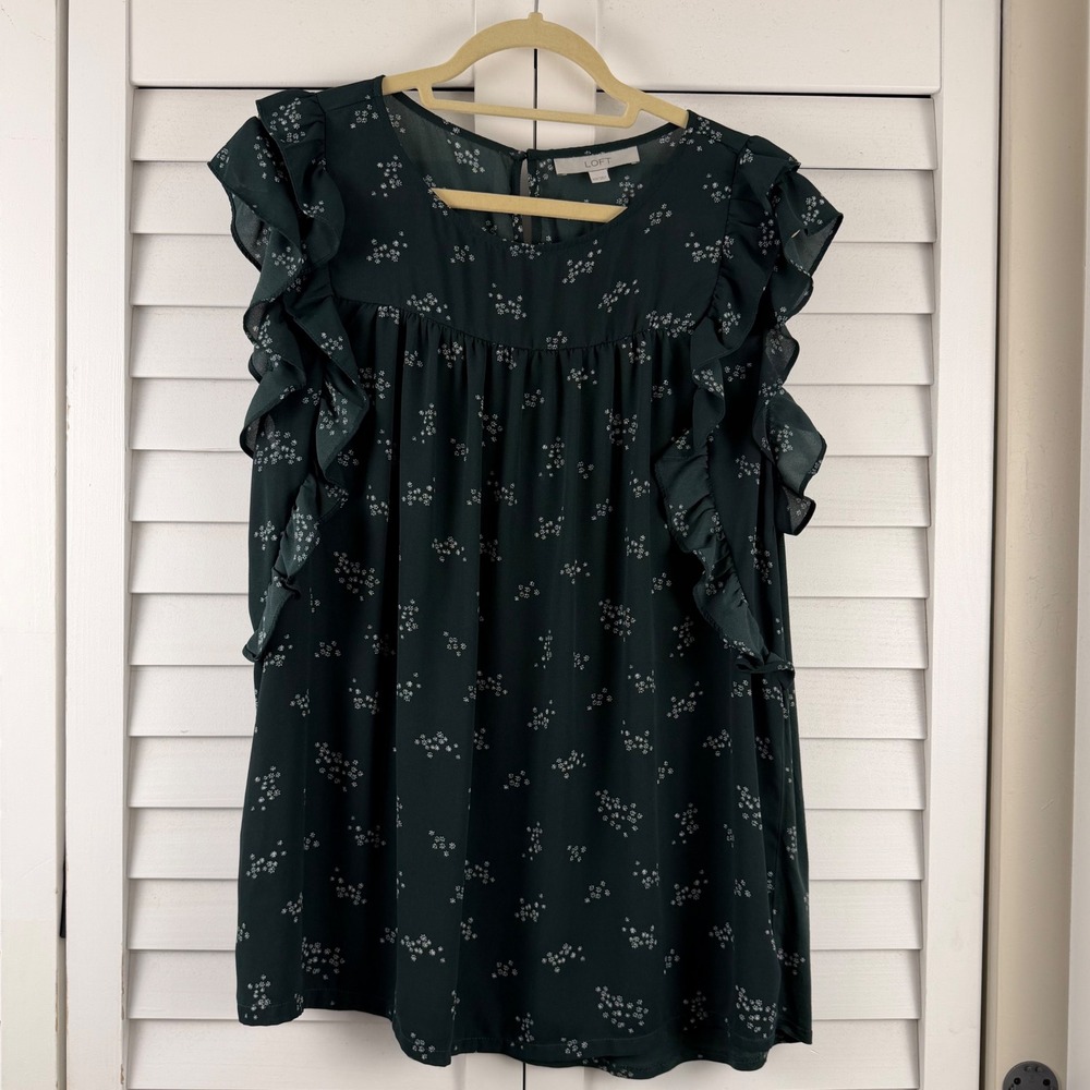 LOFT Flutter Sleeve Top Women XXL Green Floral Ruffle Blouse - Picture 14 of 14